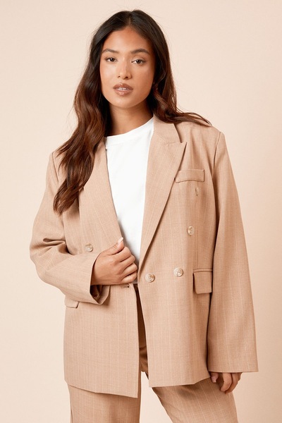 Dorothy Perkins Petite Oversized Double Breasted Stripe Blazer Camel