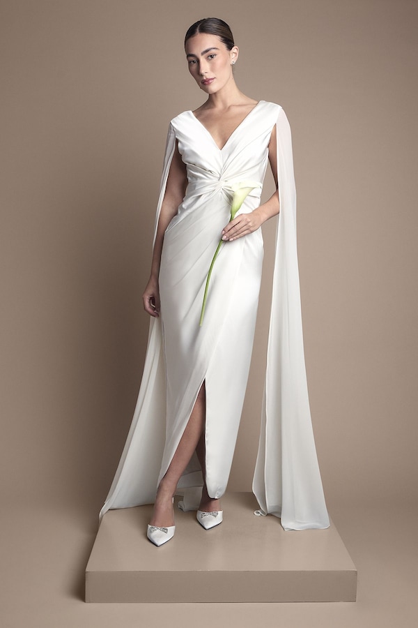 Coast Satin Cape Sleeve Maxi Wedding Dress Ivory