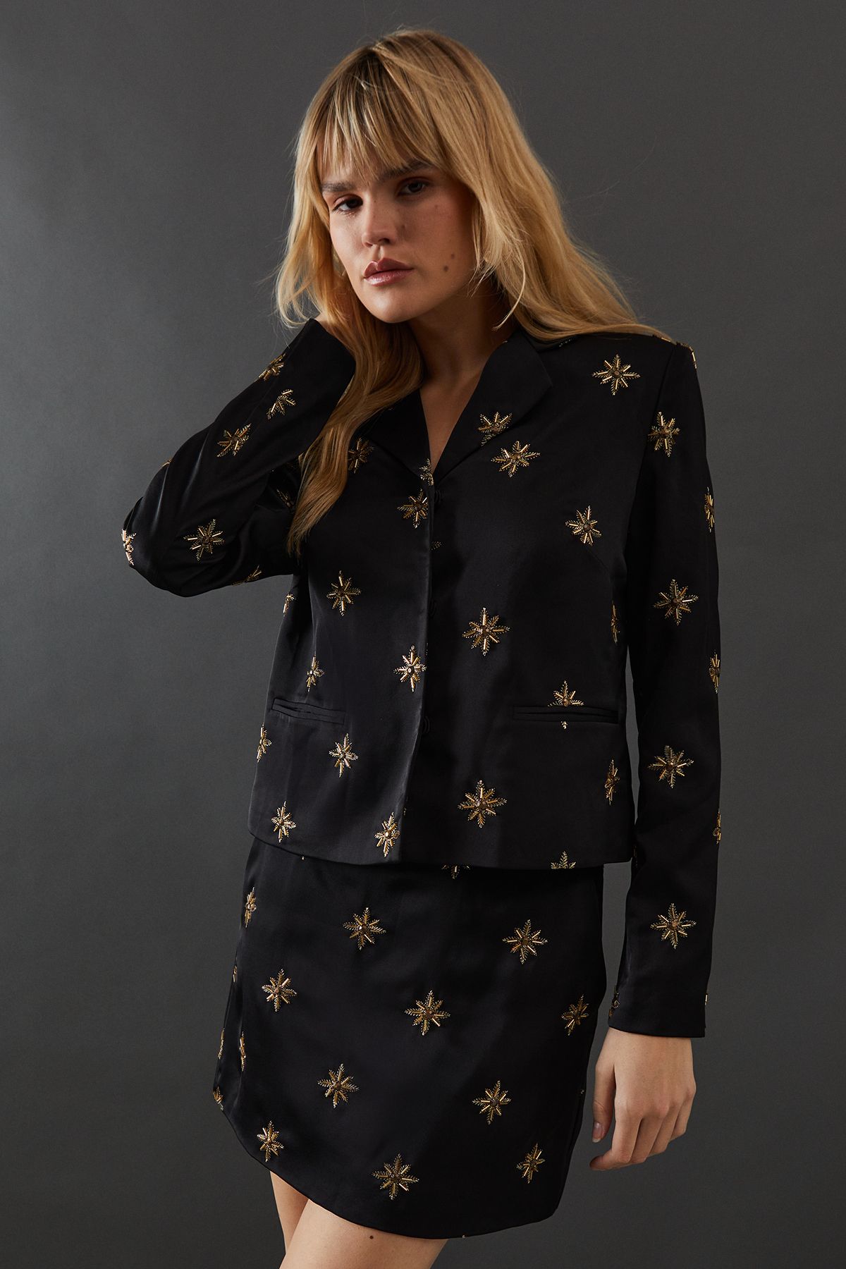 Warehouse Premium Hand Embroidered Celestial Crop Jacket Black image 1