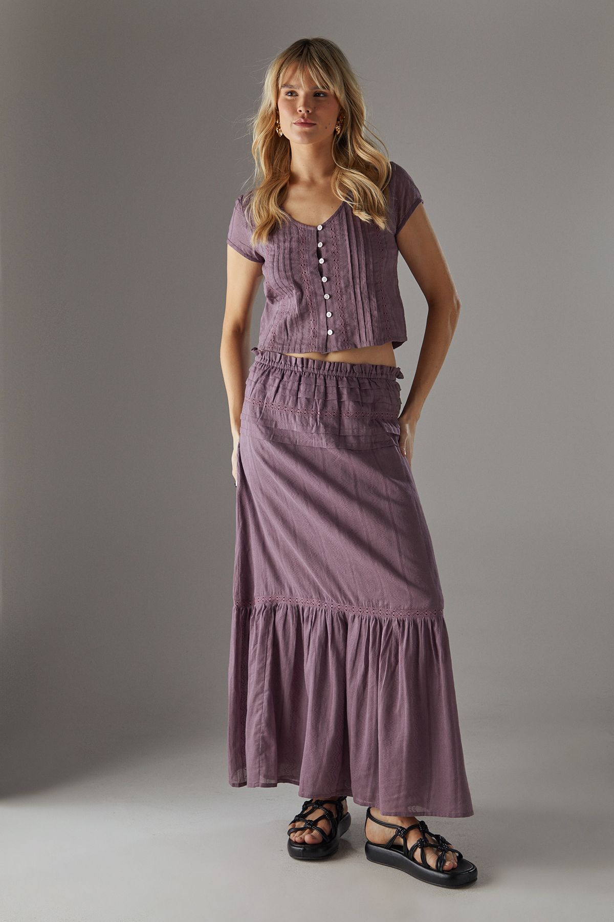 Warehouse Cotton Dobby Button Through Boho Crop Top Mauve image 2