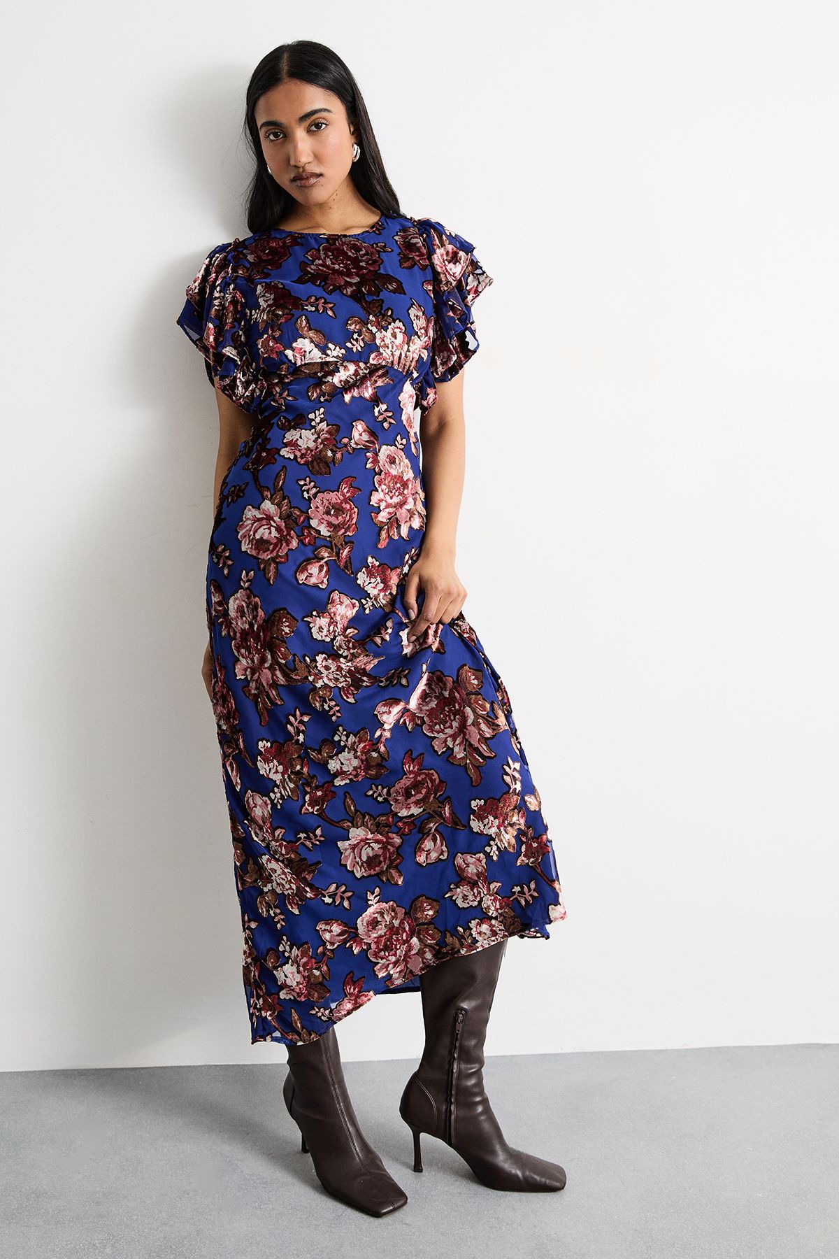 Warehouse Devore Ruffle Sleeve Maxi Dress Multi image 2