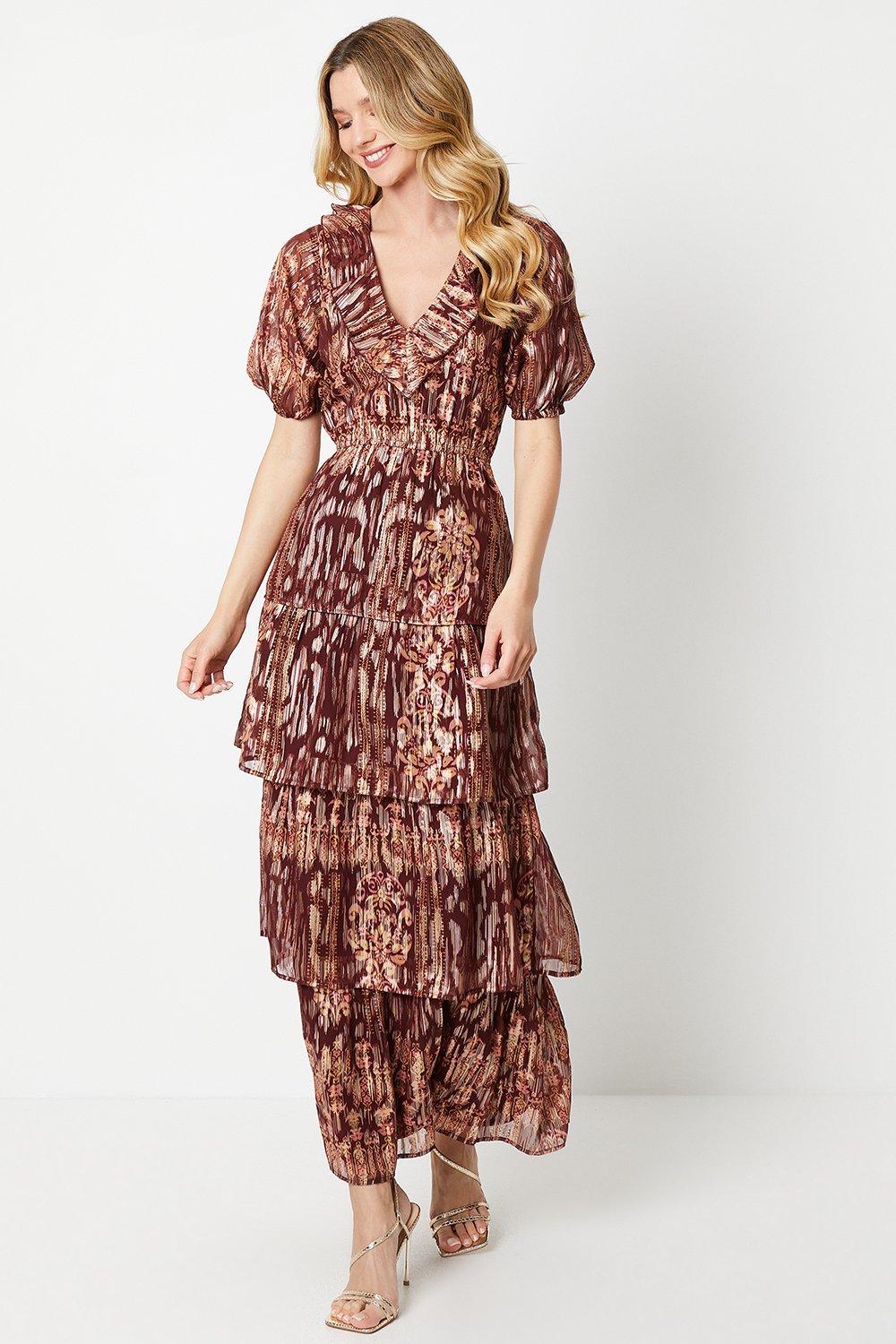 Oasis Ruffle Metallic Jacquard Tiered Midi Dress Multi image 1