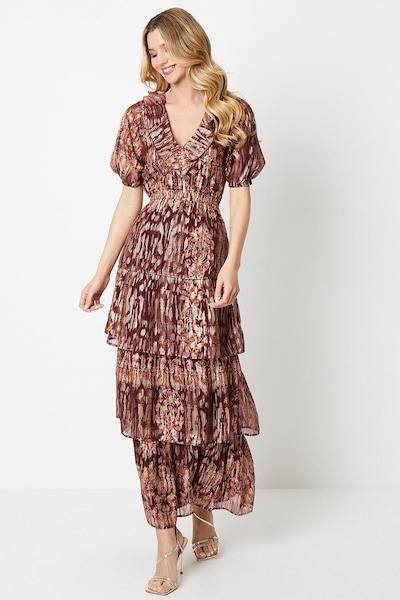 Oasis Ruffle Metallic Jacquard Tiered Midi Dress Multi