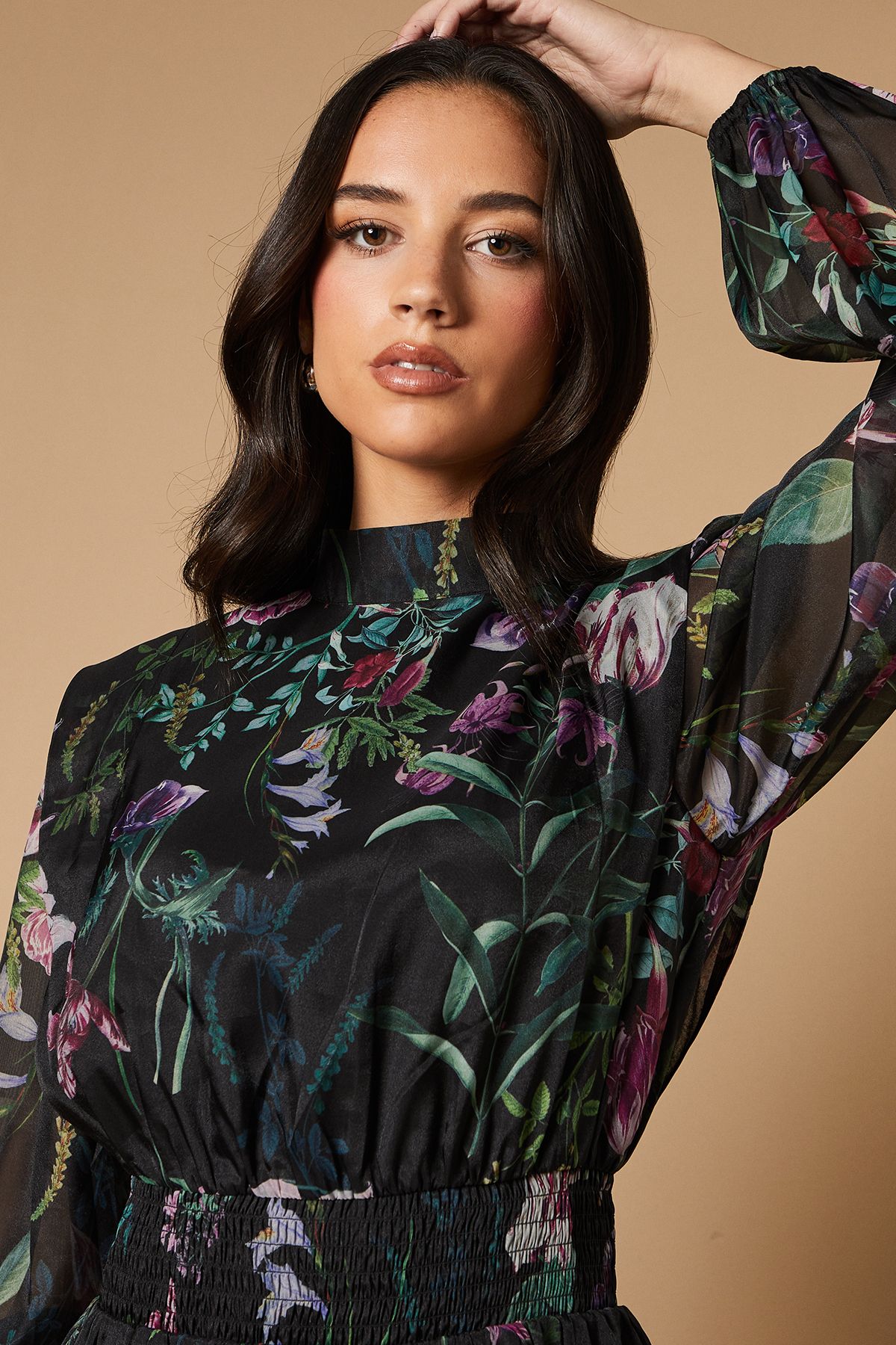 Oasis Border Print Organza Shirred Waist Tie Back Mini Dress Black image 2