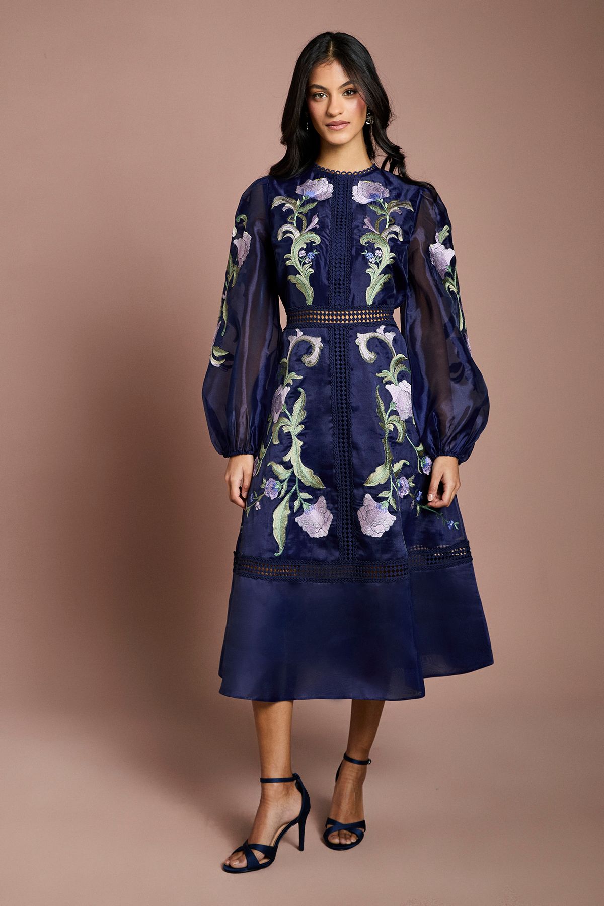 Coast Petite Blouson Sleeve Embroidered Midi Dress Navy