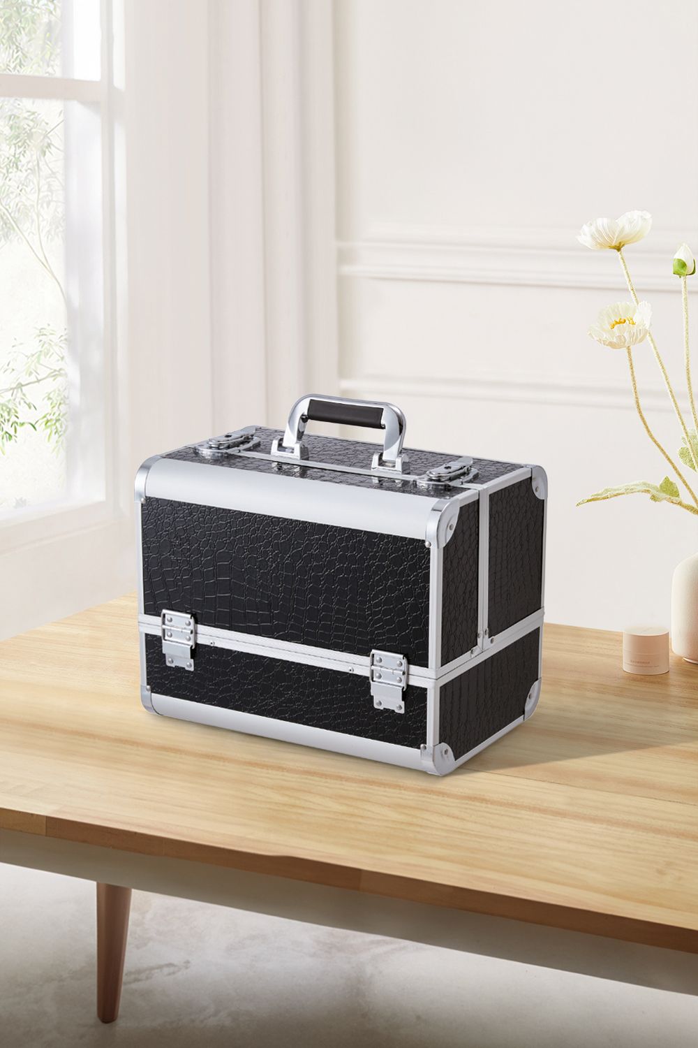 SHEONLY Black Makeup Box Professional Cosmetic Organizer Aluminum Storage Box with 6 Trays image 2