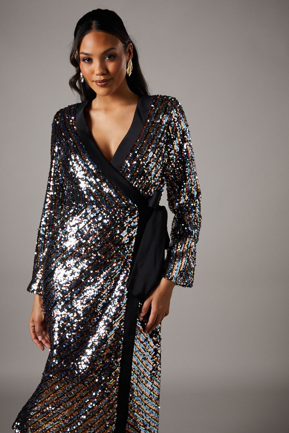 Coast Party Rainbow Sequin Long Sleeve Satin Midi Dress Multi image 2