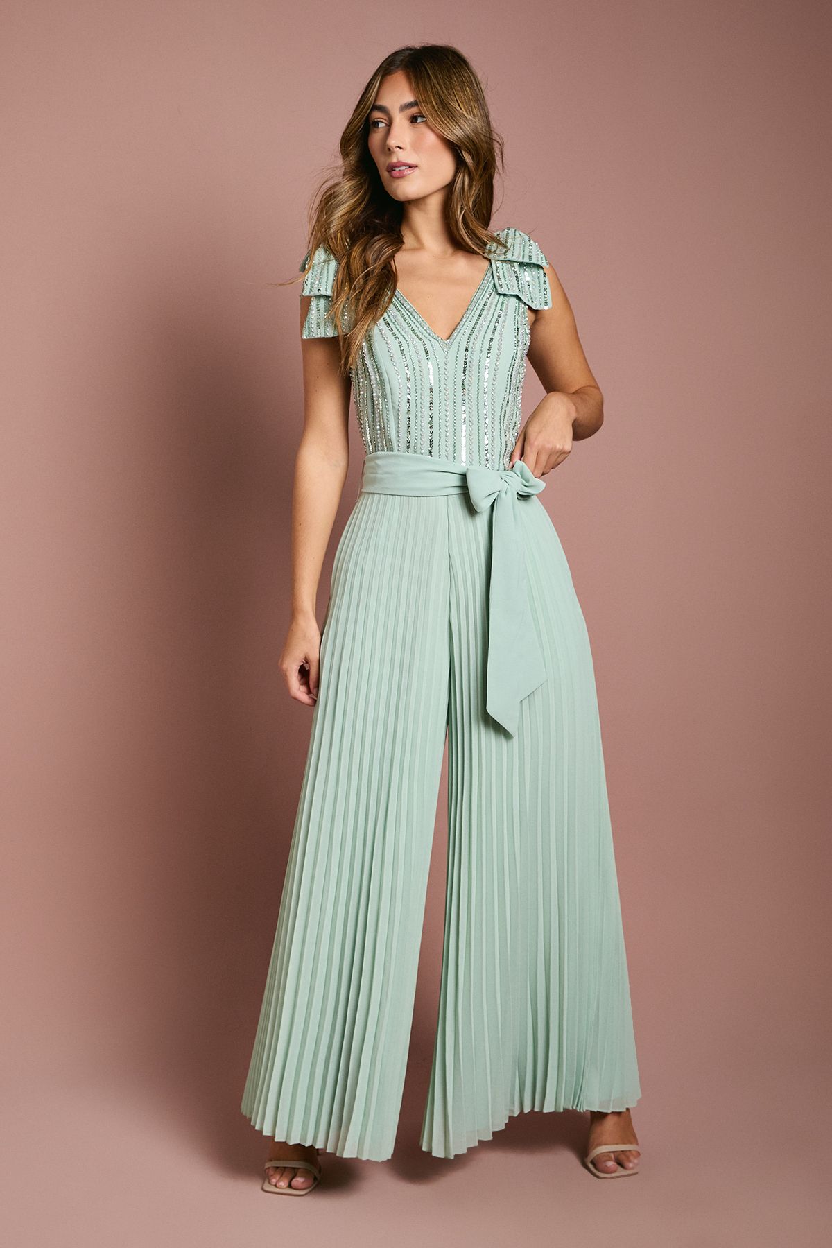 Coast Embellished Bow Shoulder Wide Leg Jumpsuit Sage image 1