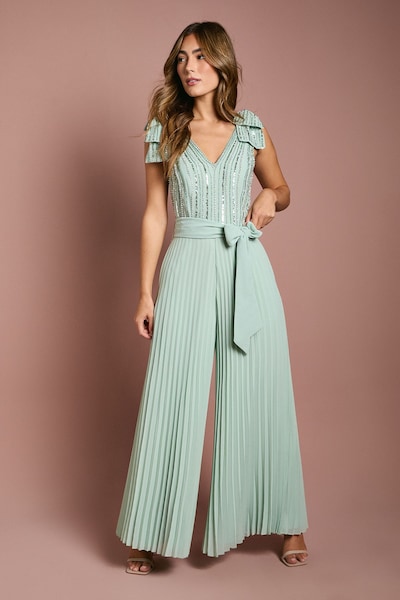 Coast Embellished Bow Shoulder Wide Leg Jumpsuit Sage