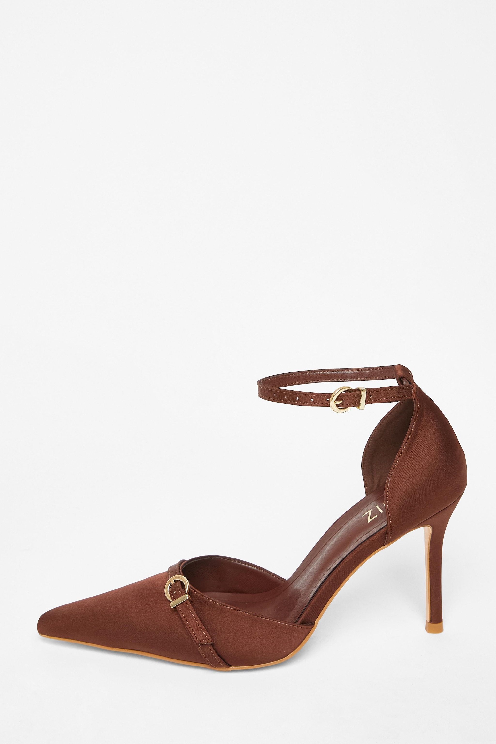Quiz Brown Satin Buckle Court Heels image 3