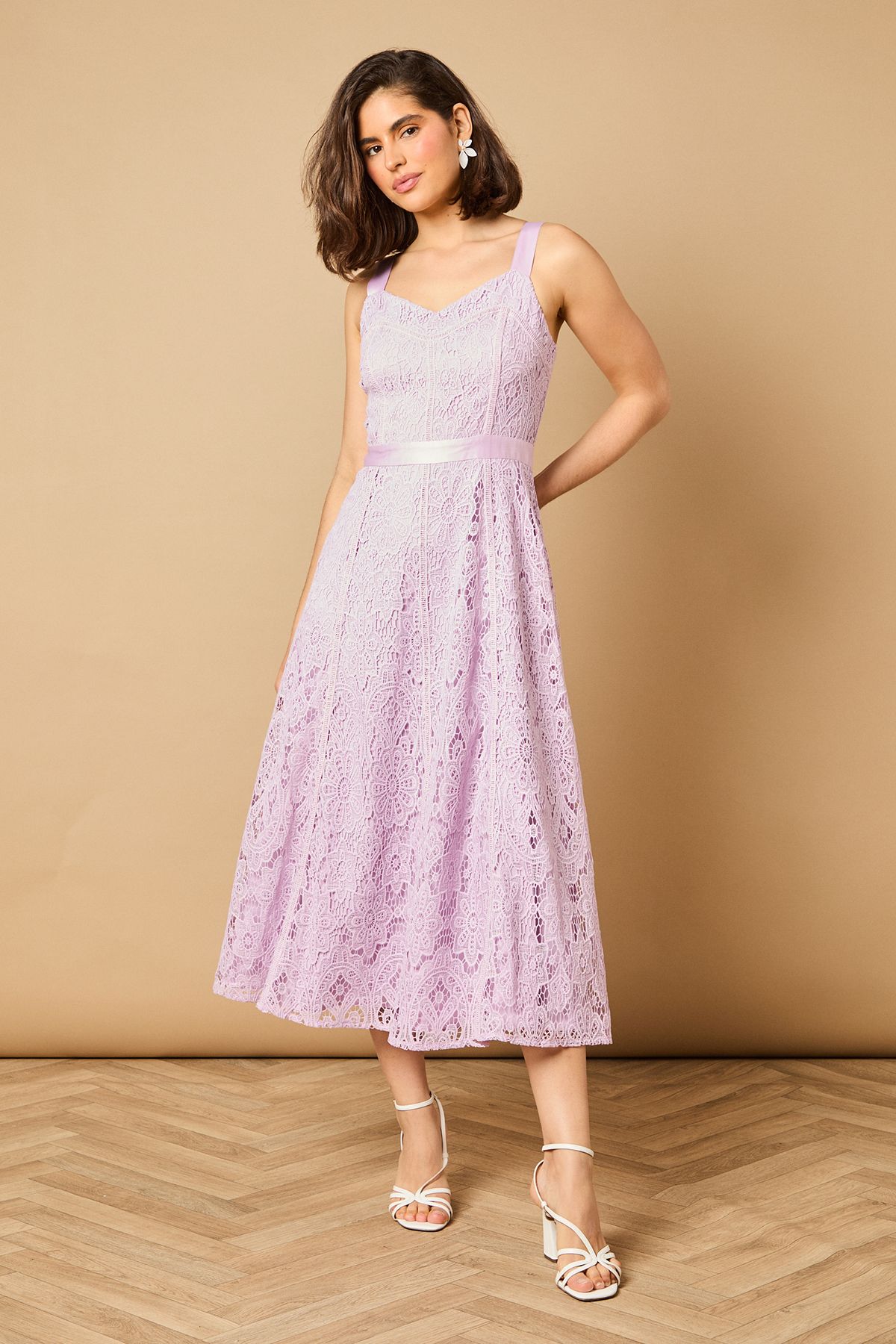 Oasis Lilac Floral Lace V Neck Midi Dress PLT