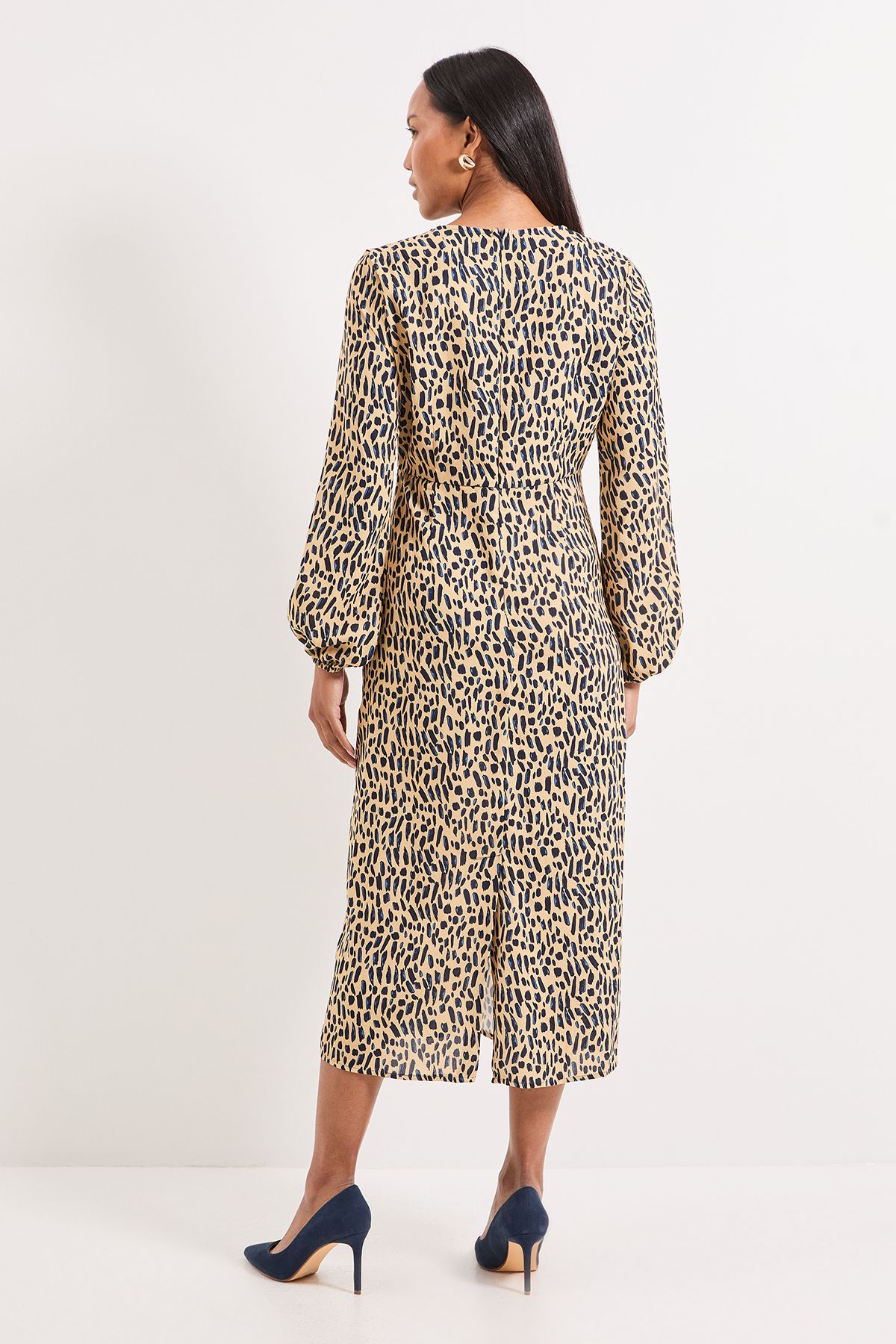 Principles Printed Tuck Front Detail Midi Dress Beige image 3