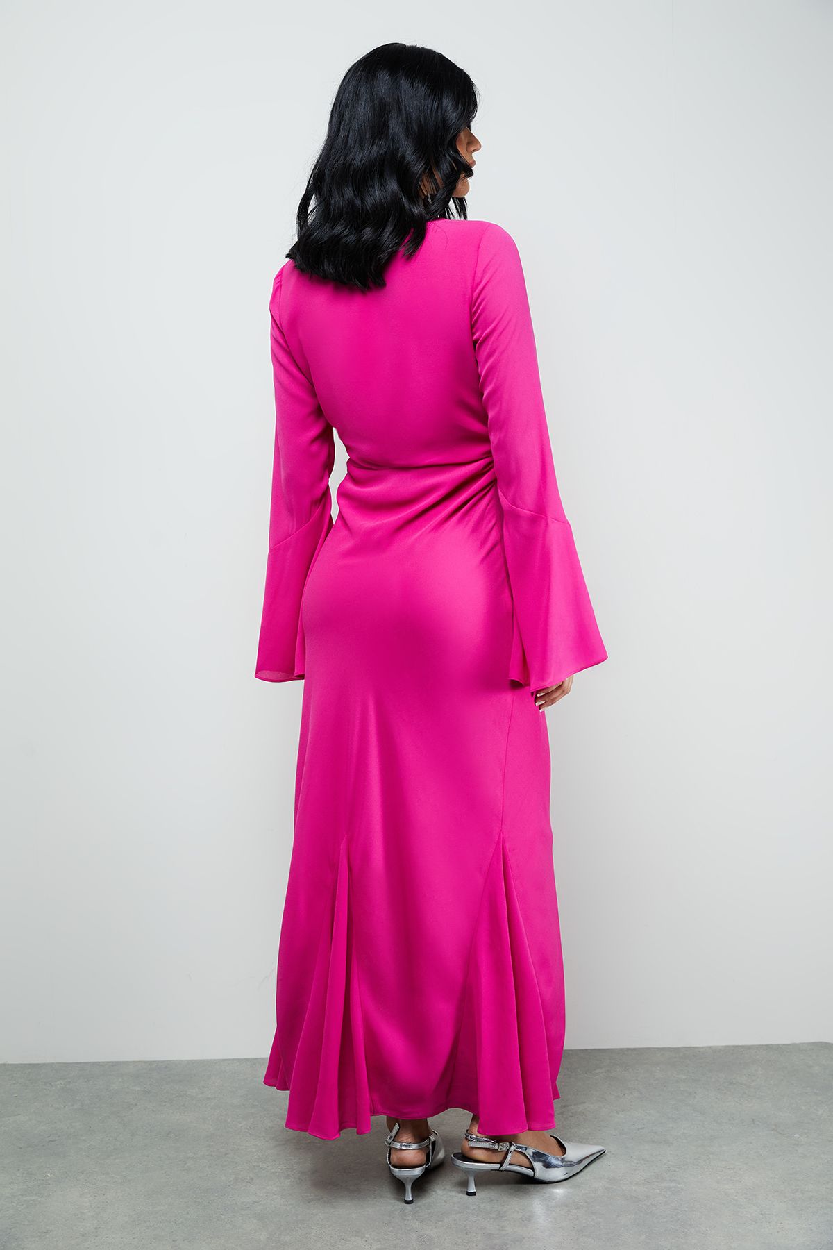 Warehouse Premium Georgette Ruched Front Flutter Cuff Maxi Dress Magenta image 3