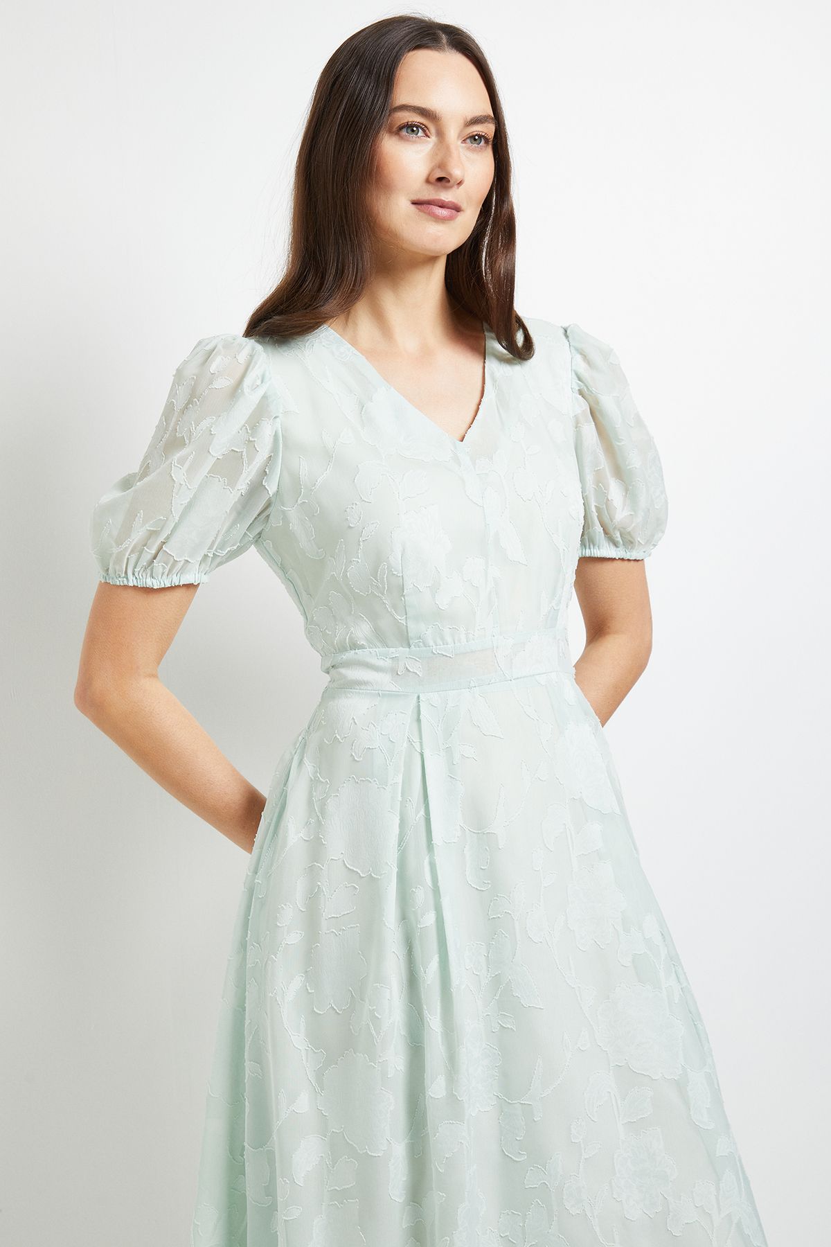 Principles Floral Jacquard Puff Sleeve Midi Dress Sage image 4