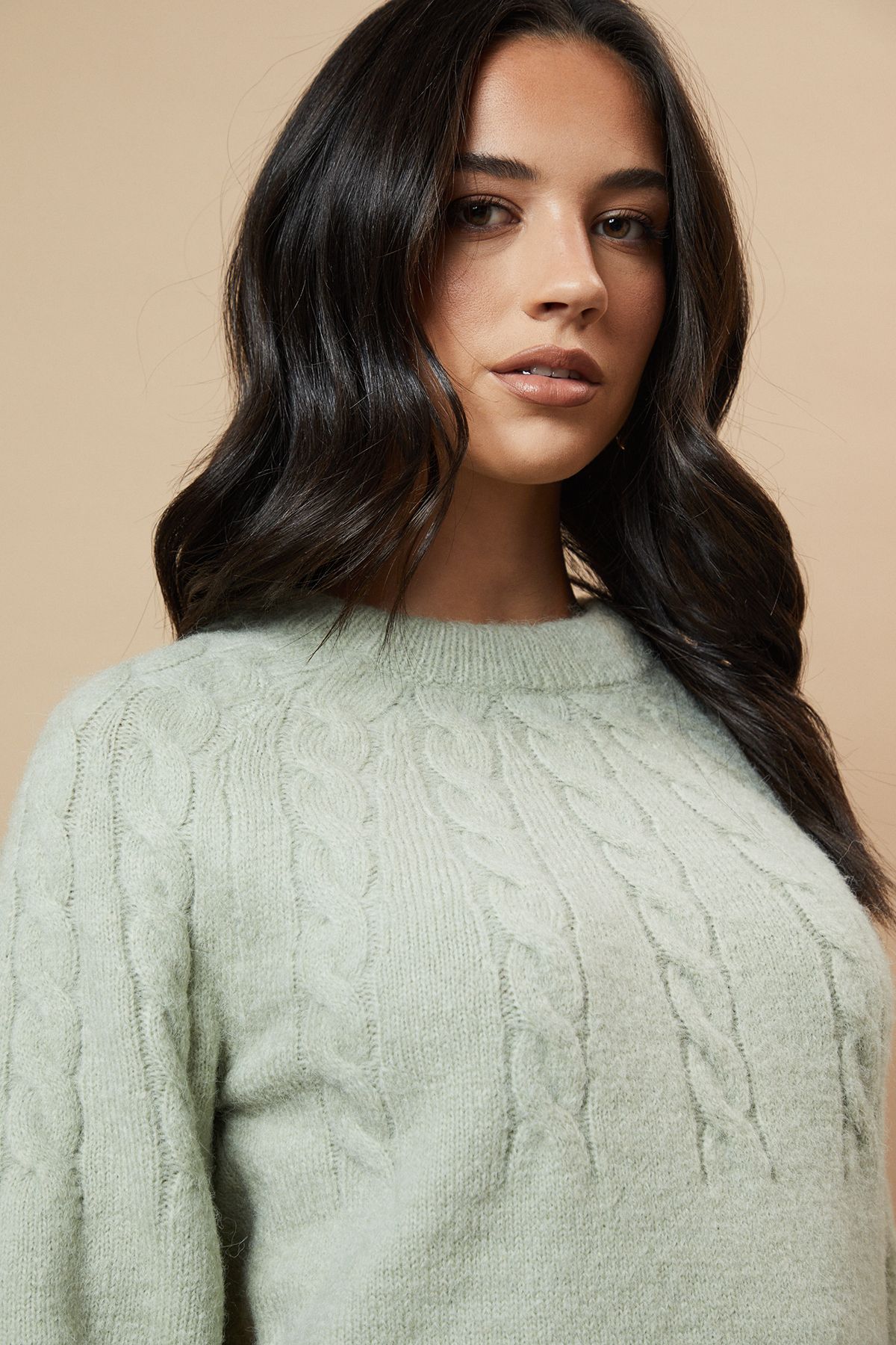 Oasis Cable Yolk Raglan Jumper With Satin Tie Back Bow Sage image 4