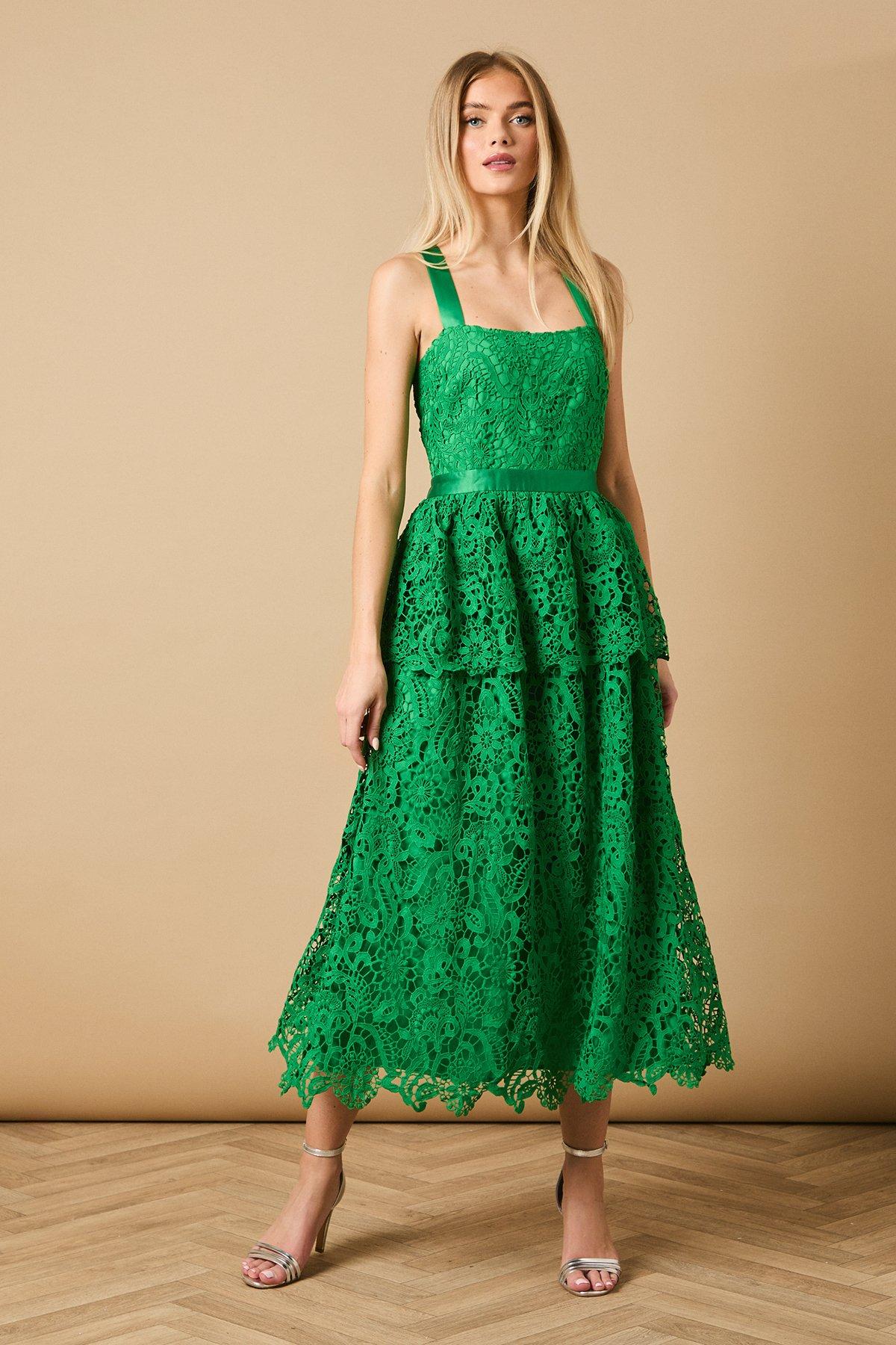 Oasis Green Cross Strap Tiered Lace Midi Dress | PrettyLittleThing