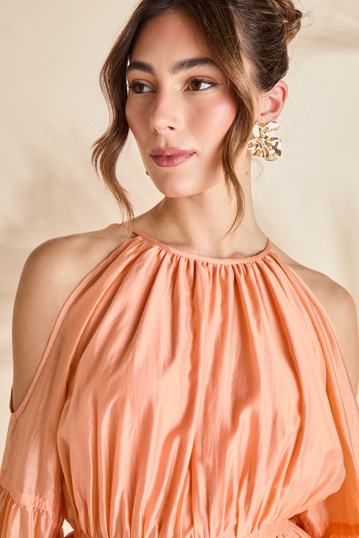 Coast Halter Neck Long Sleeve Organza Mini Holiday Dress Peach image 5