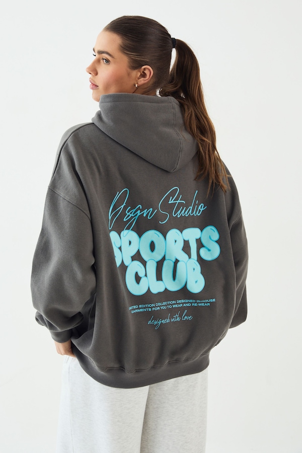 DSGN Studio DSGN Studio Sports Bubble Slogan Oversized Hoodie Charcoal
