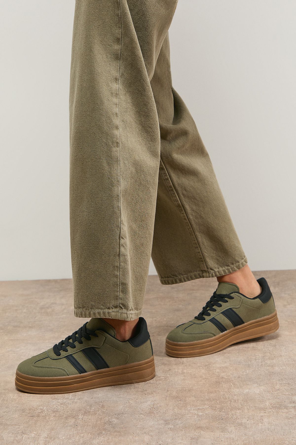 Oasis Isla Faux Suede Lace Up Platform Trainers Khaki image 1