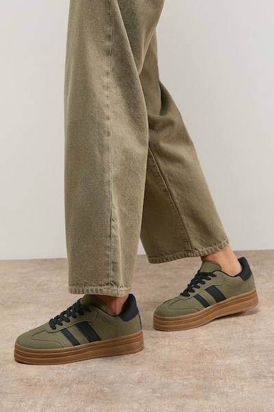 Oasis Isla Faux Suede Lace Up Platform Trainers Khaki
