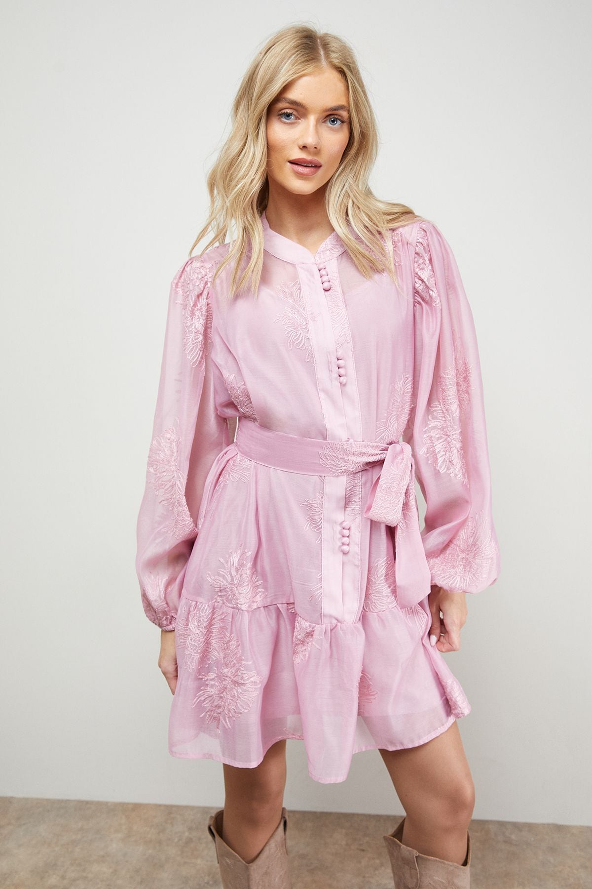 Oasis Jacquard Chiffon Button Down Belted Mini Dress Mauve image 4