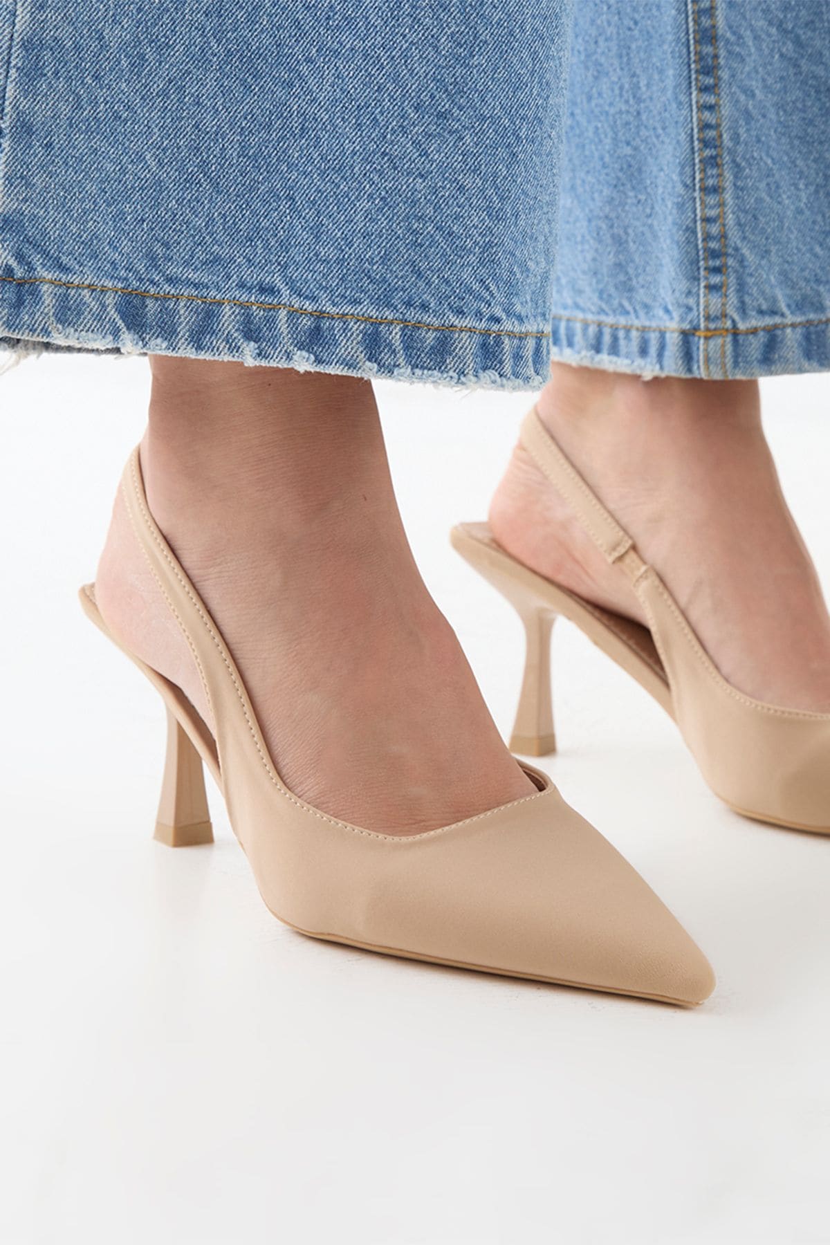 MissPap Faux Suede High Stiletto Heel Sling Back Court Shoes Natural image 1