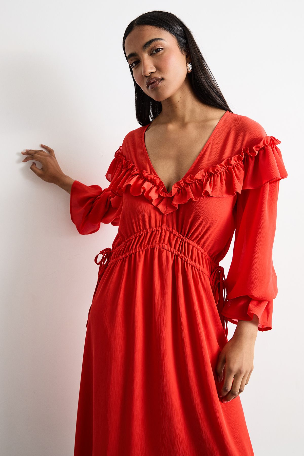 Warehouse Ruffle Shoulder Detail V Neck Boho Maxi Dress Red