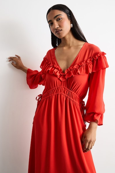Warehouse Ruffle Shoulder Detail V Neck Boho Maxi Dress Red