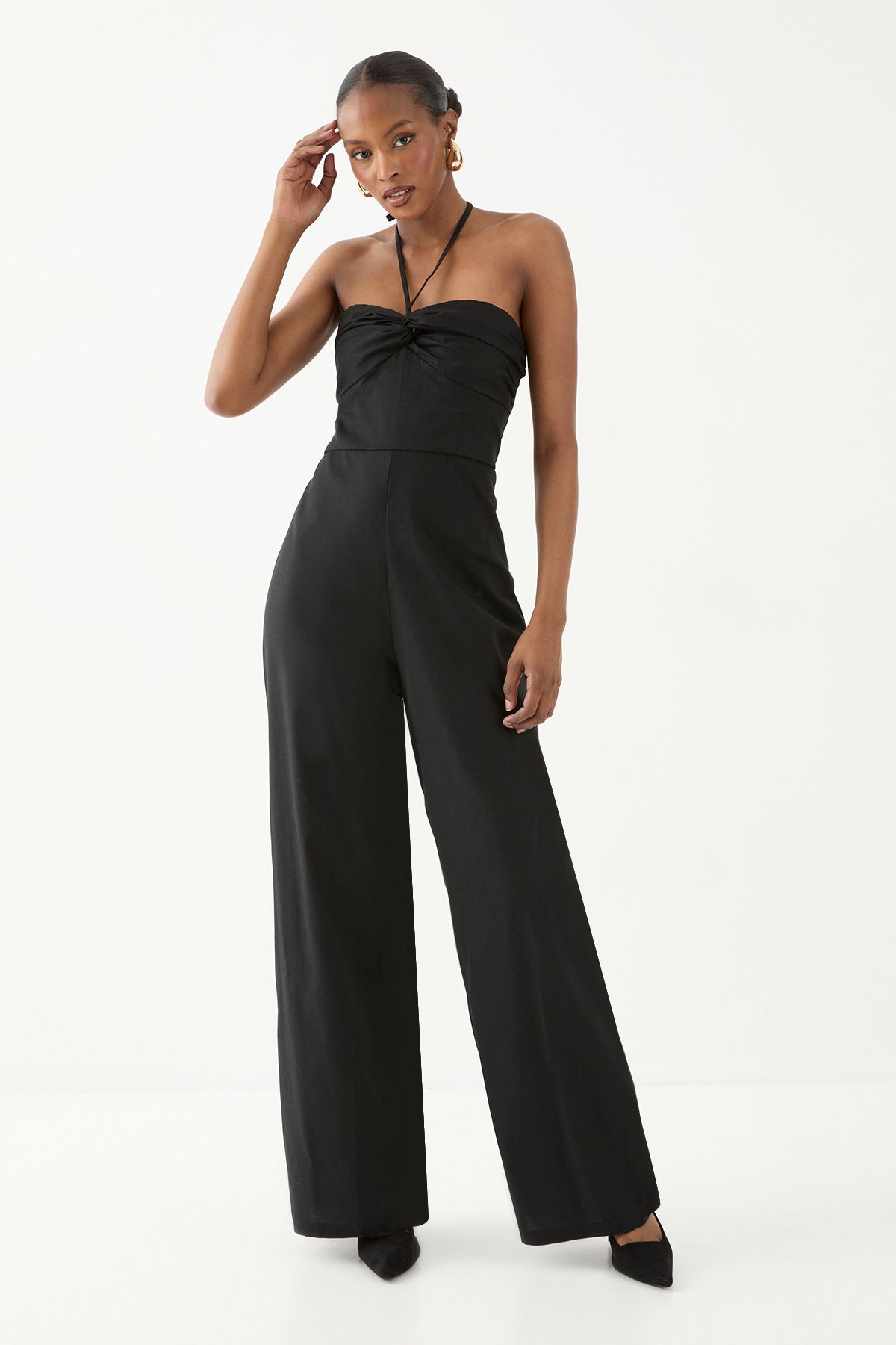 MissPap Linen Look Twist Halter Neck Jumpsuit Black