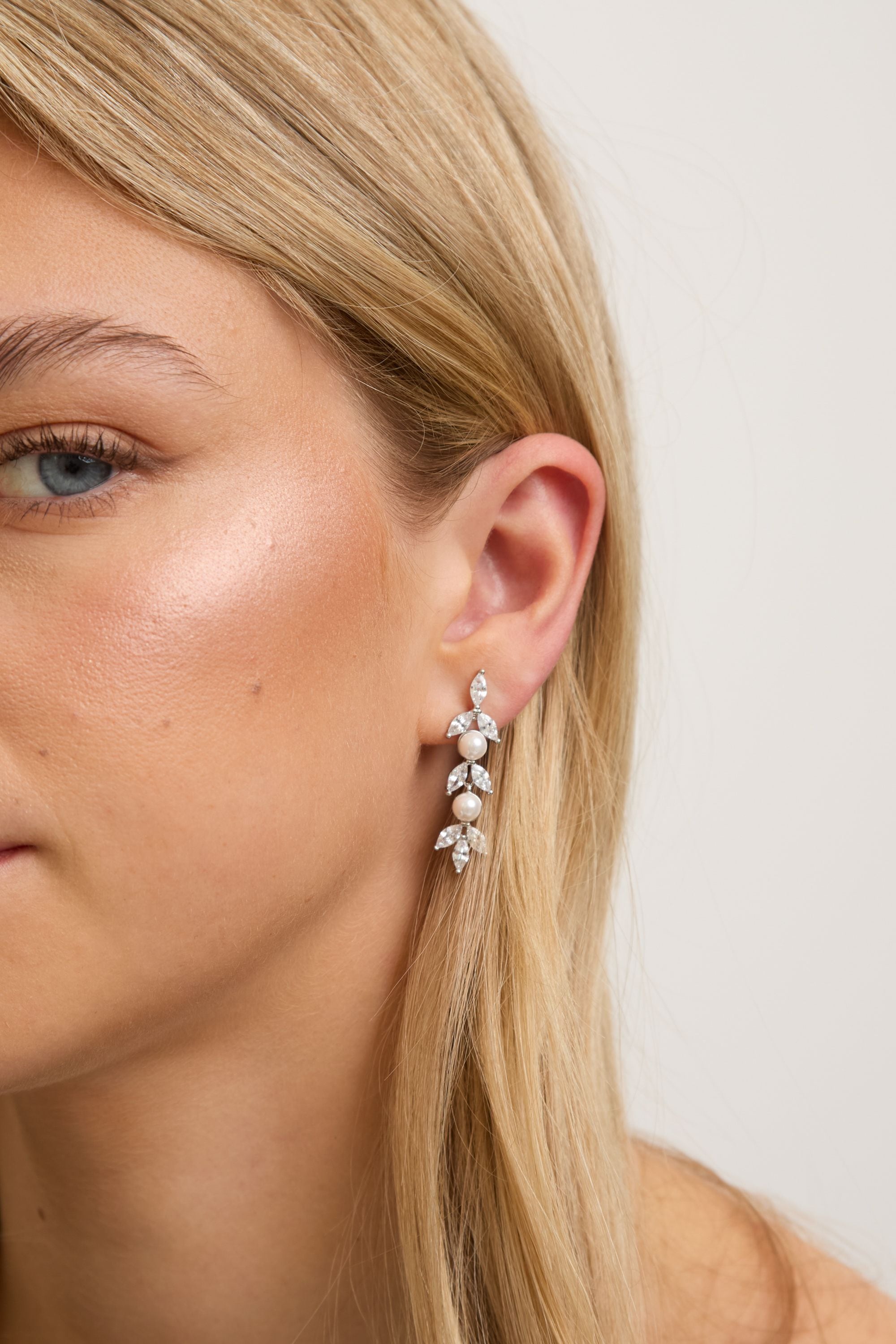 Jon Richard Rhodium Plated Pearl and Crystal Leaf Drop Earrings image 2