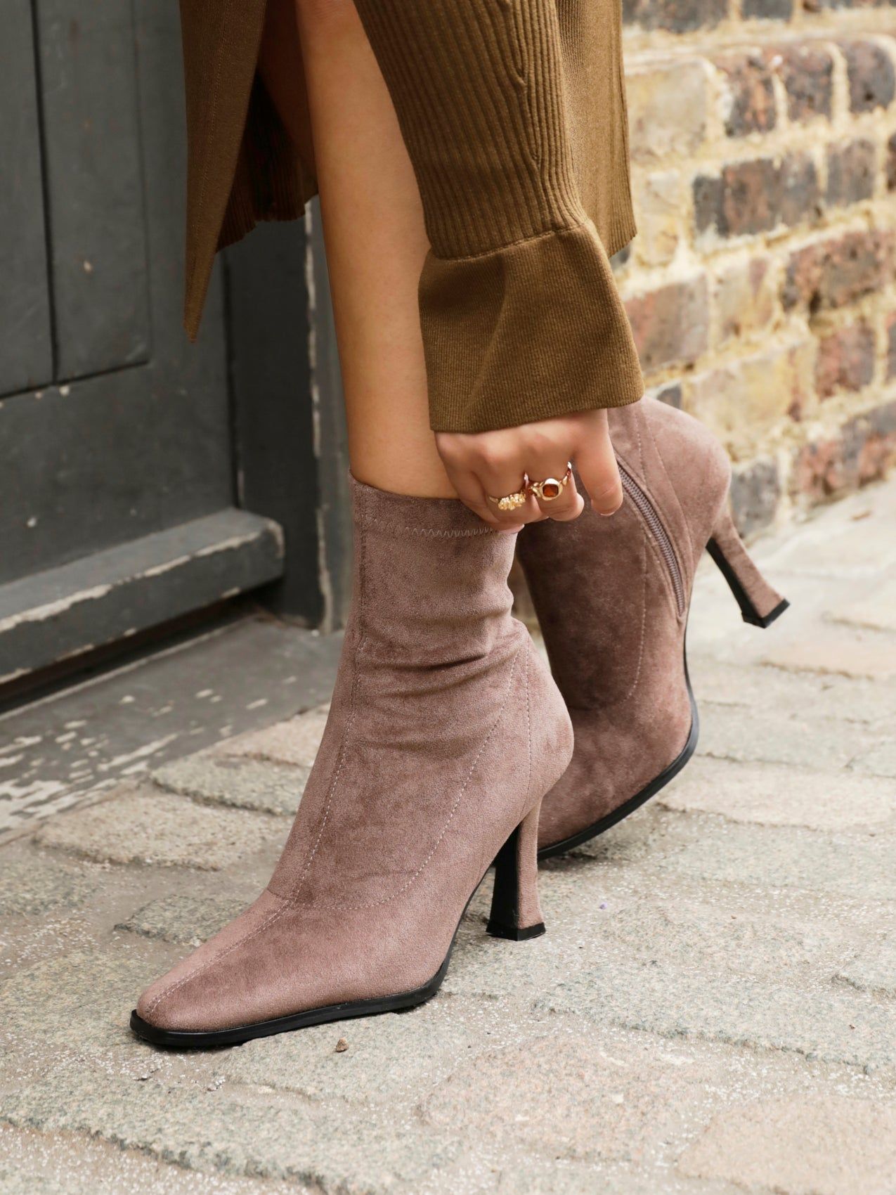 Linzi Noelle Mocha Suede Square Toe Heeled Sock Boot image 6