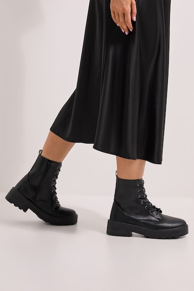 Dorothy Perkins Maryam Faux Leather Lace Up Chunky Ankle Boots Black