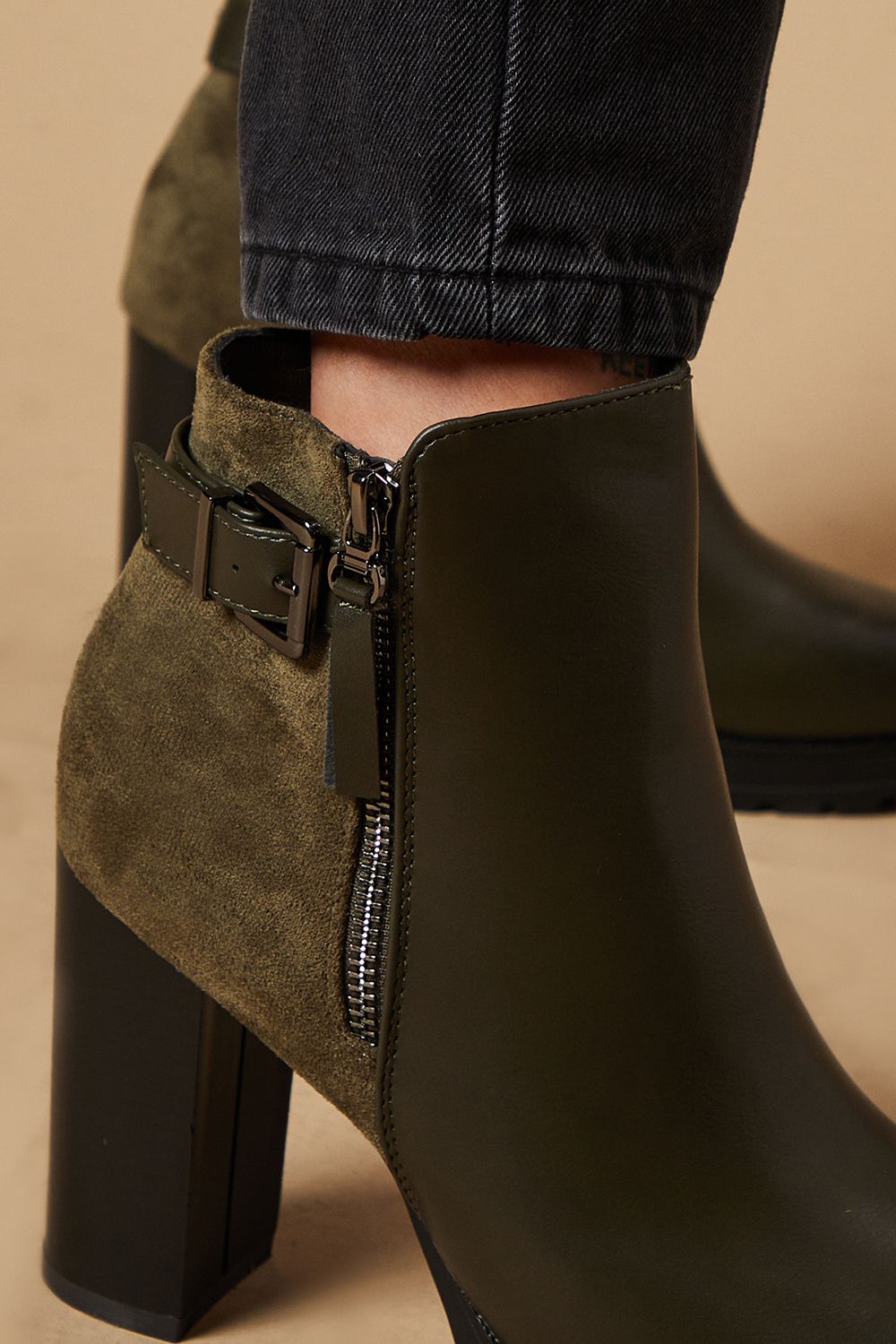 Oasis Mika Buckle Detail Side Zip High Block Heel Platform Ankle Boot Khaki image 4