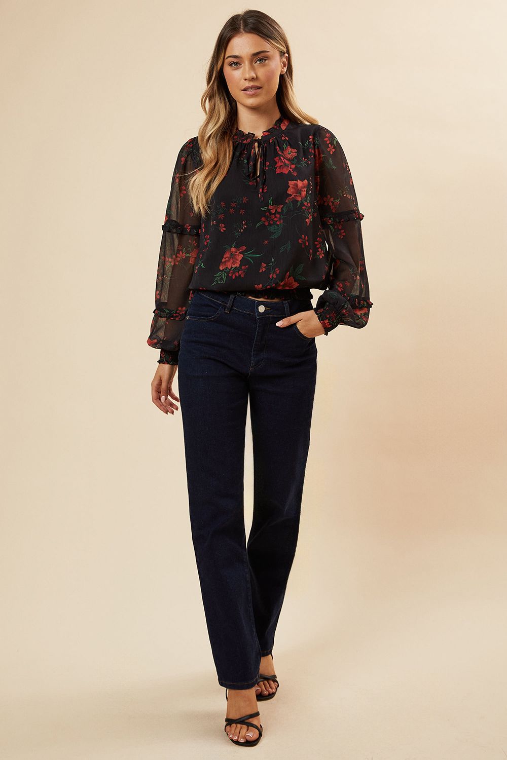 Dorothy Perkins Spaced Floral Chiffon Ruffle Sleeve Shirred Hem Blouse Floral image 2