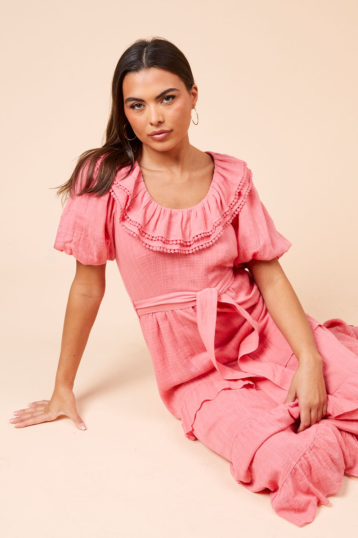 Dorothy Perkins Scoop Neck Ruffle Tiered Midi Dress Pink image 2