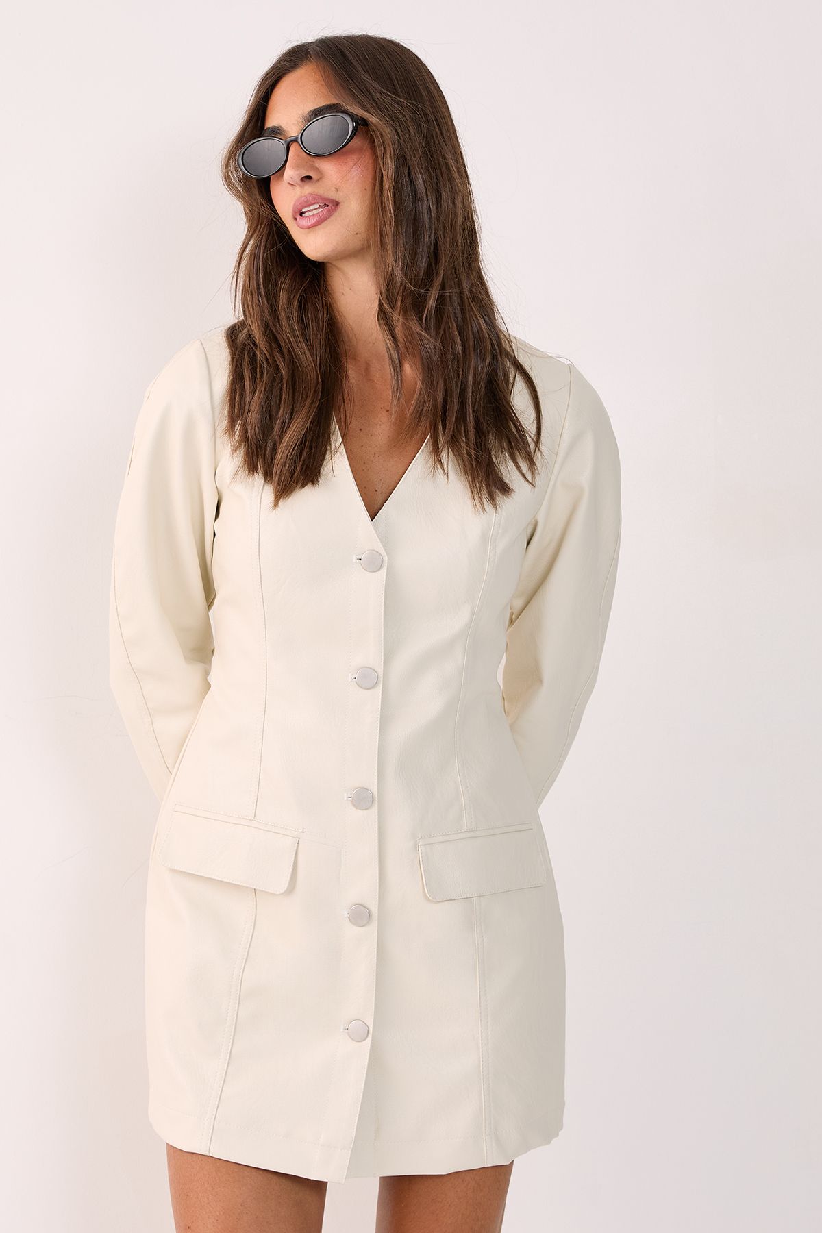 NastyGal Textured Cocoon Sleeve Faux Leather Blazer Mini Dress Off White image 2