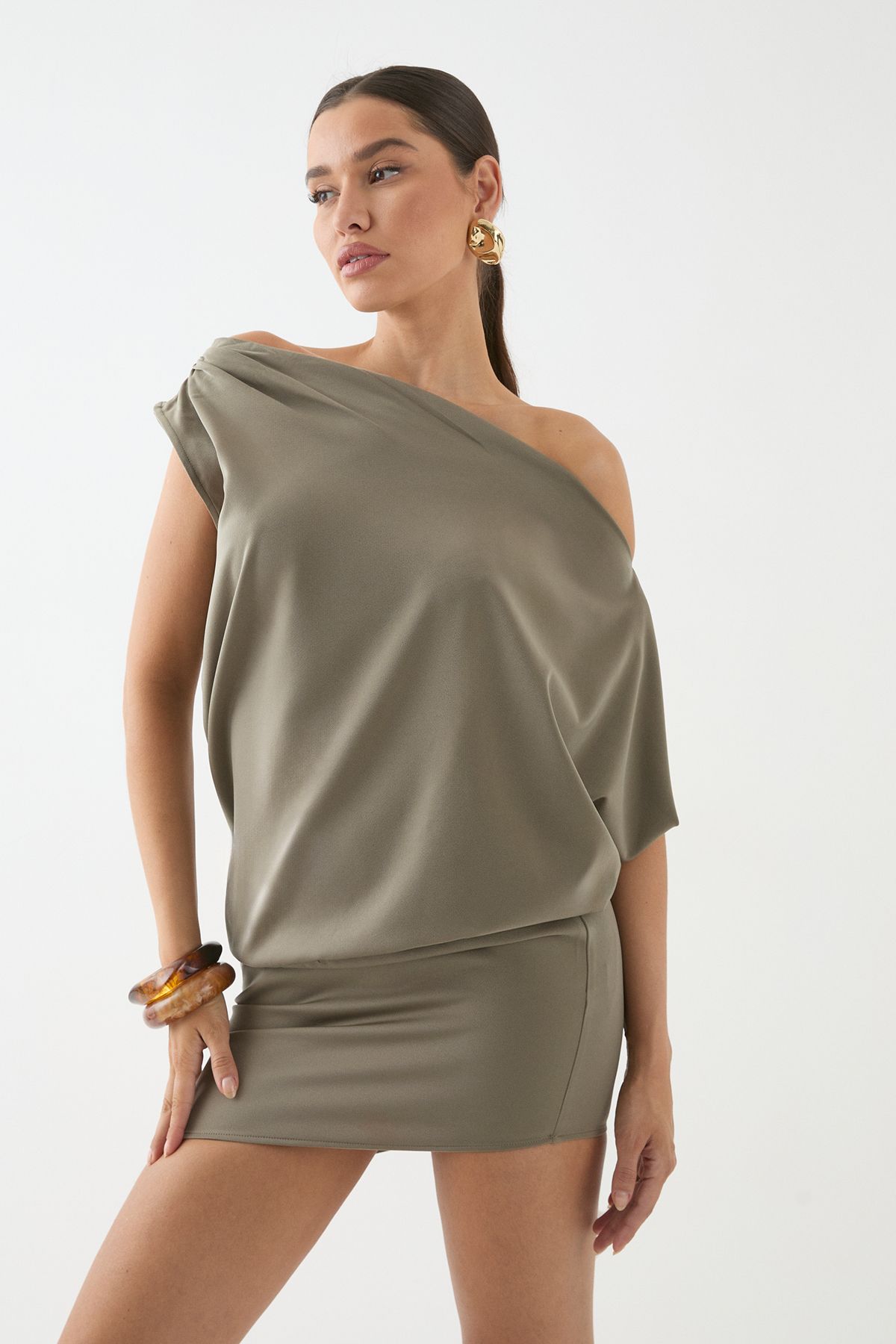 MissPap Satin Off Shoulder Asymmetric Bodycon Mini Dress Khaki image 3