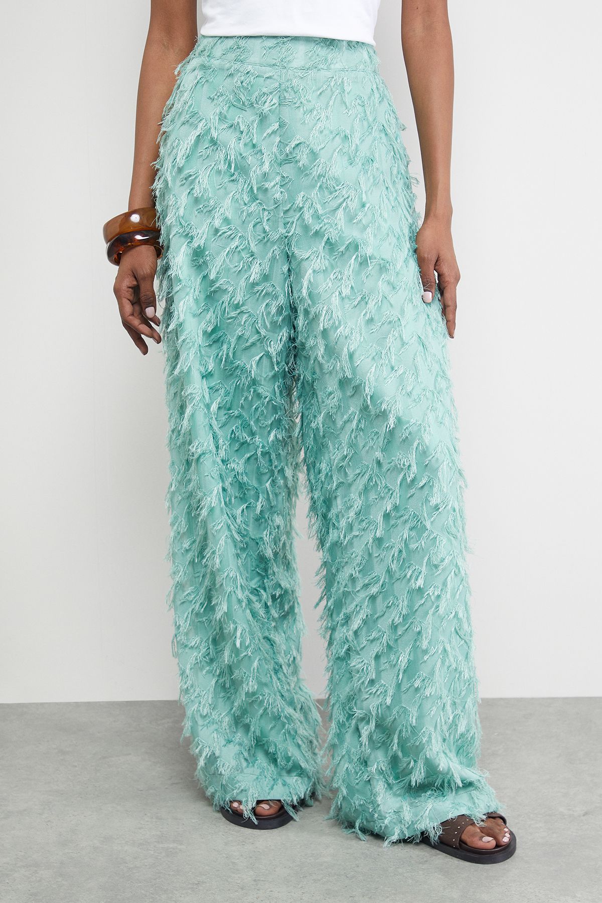 Warehouse Fluffy High Waisted Wide Leg Trouser Pale Green image 2