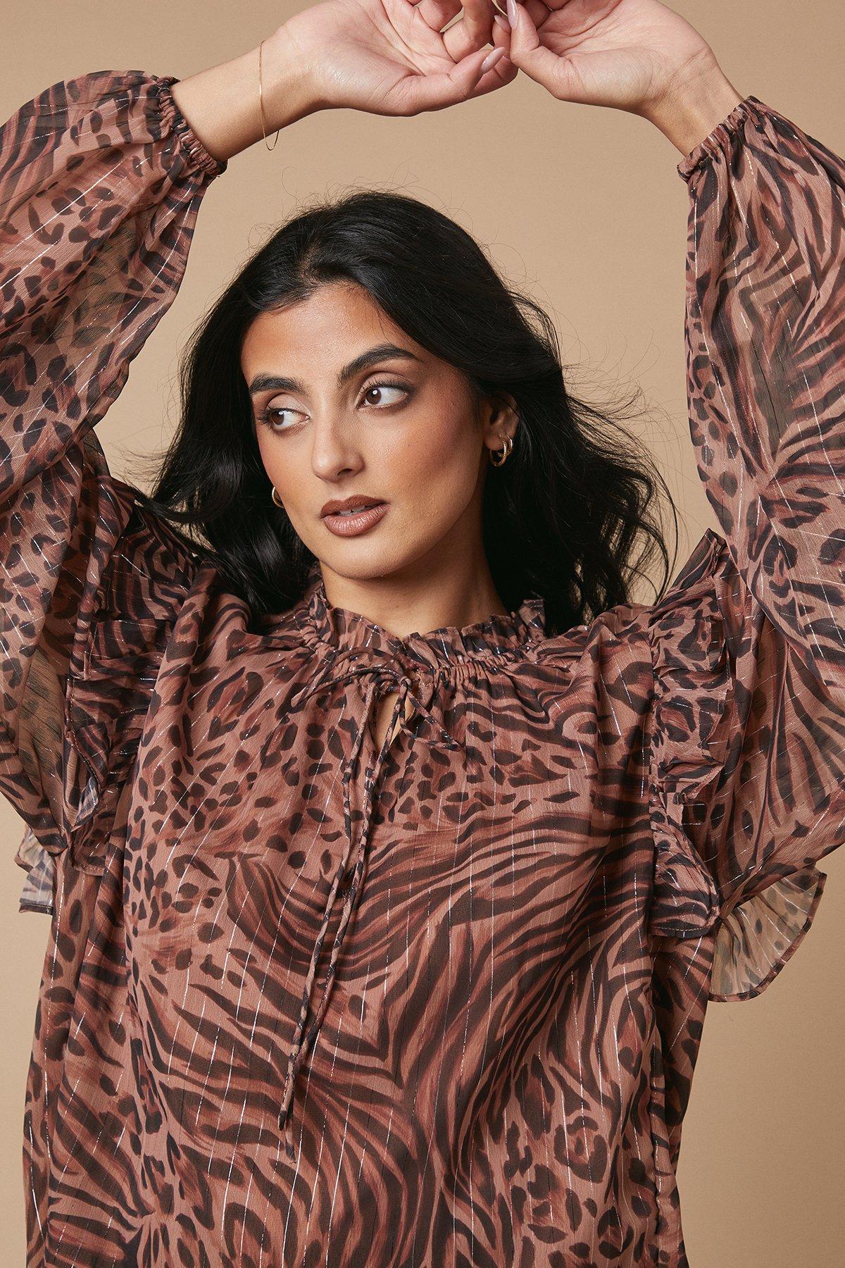 Oasis Animal Printed Metallic Chiffon Tie Neck Blouse image 3