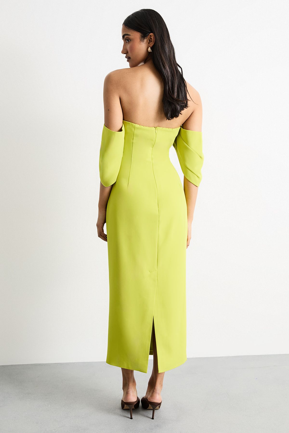 Warehouse Stretch Crepe Bardot Column Midi Dress Chartreuse image 3