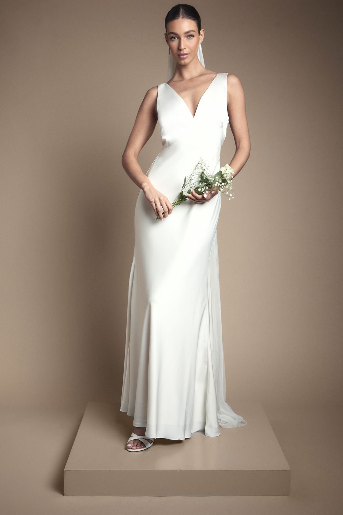 Coast Satin V Neck Maxi Wedding Dress with Back Sash Detail Ivory