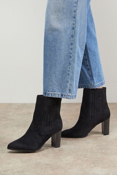 Oasis Wide Fit Maria Faux Suede High Block Heel Pointed Chelsea Ankle Boots Natural Black