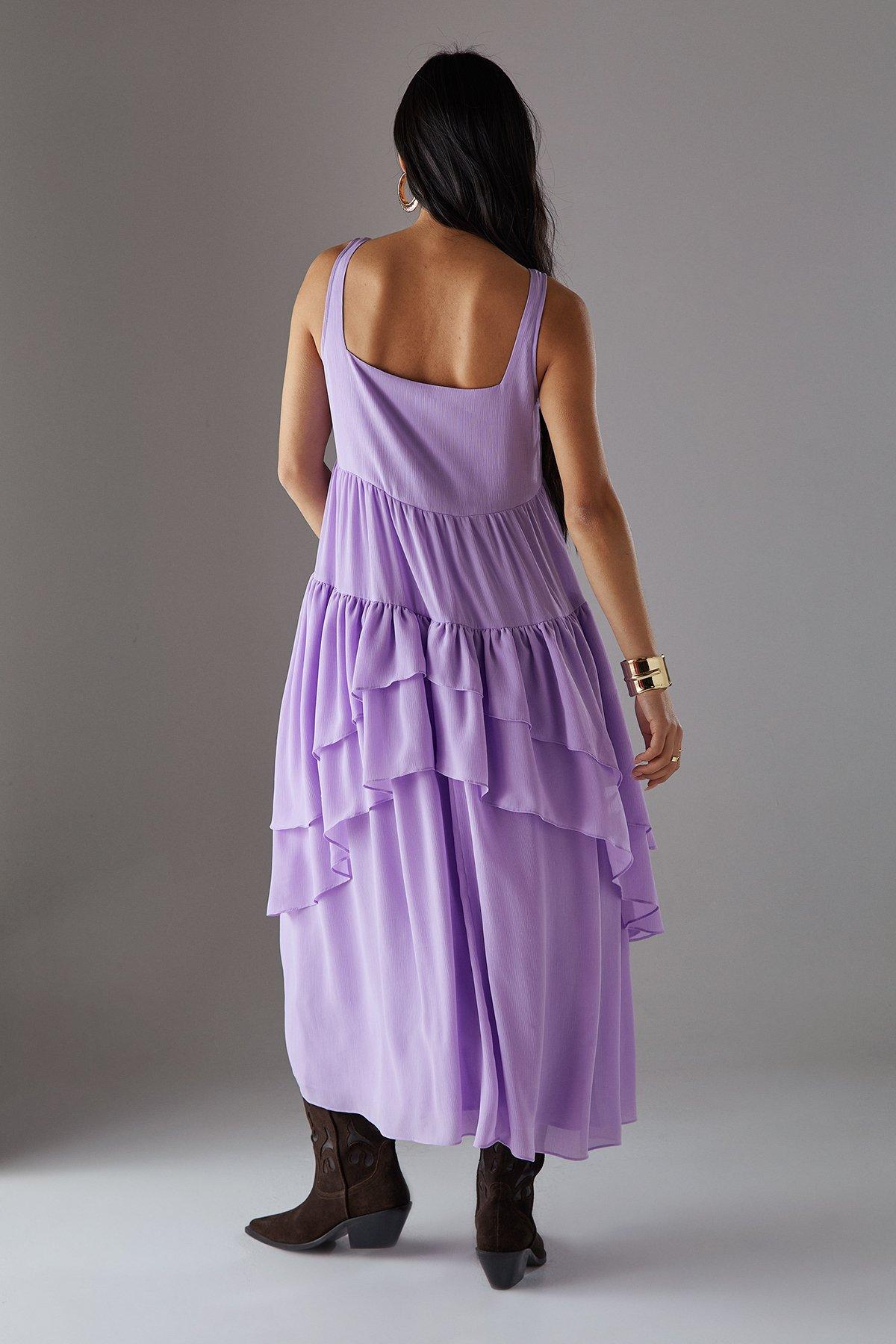 Warehouse Petite Chiffon Ruffle Tier Smock Midi Sundress Lilac image 4