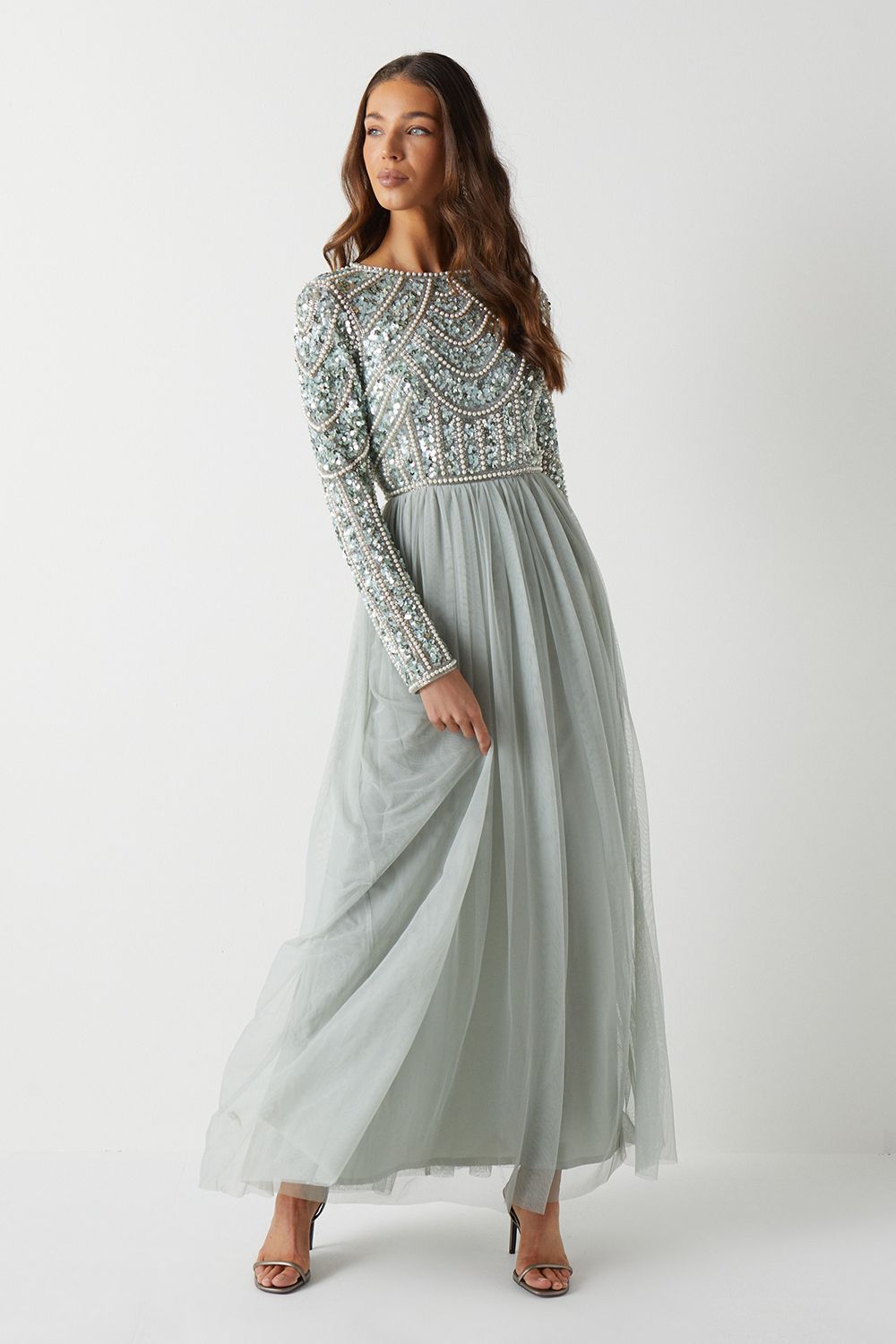 Coast Coast Honoured Long Sleeve Sequin Bodice Tulle Skirt Maxi Bridesmaid Dress Sage image 2