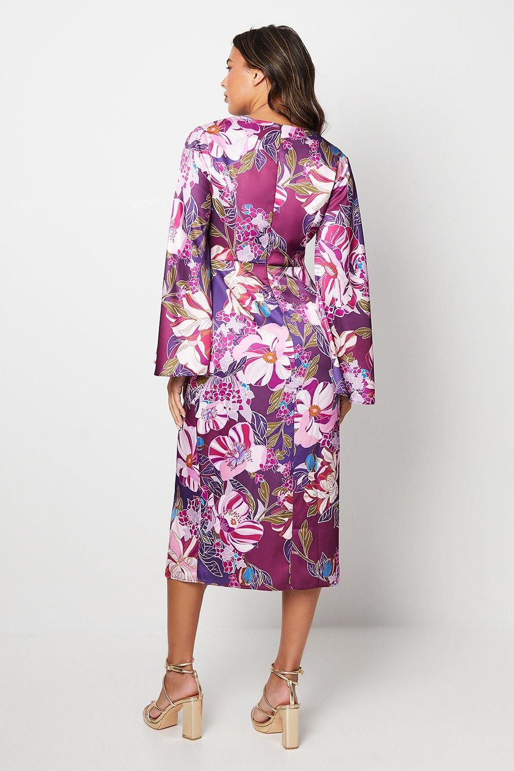 Coast Printed Satin Wrap Dress With Flare Sleeve Berry image 3