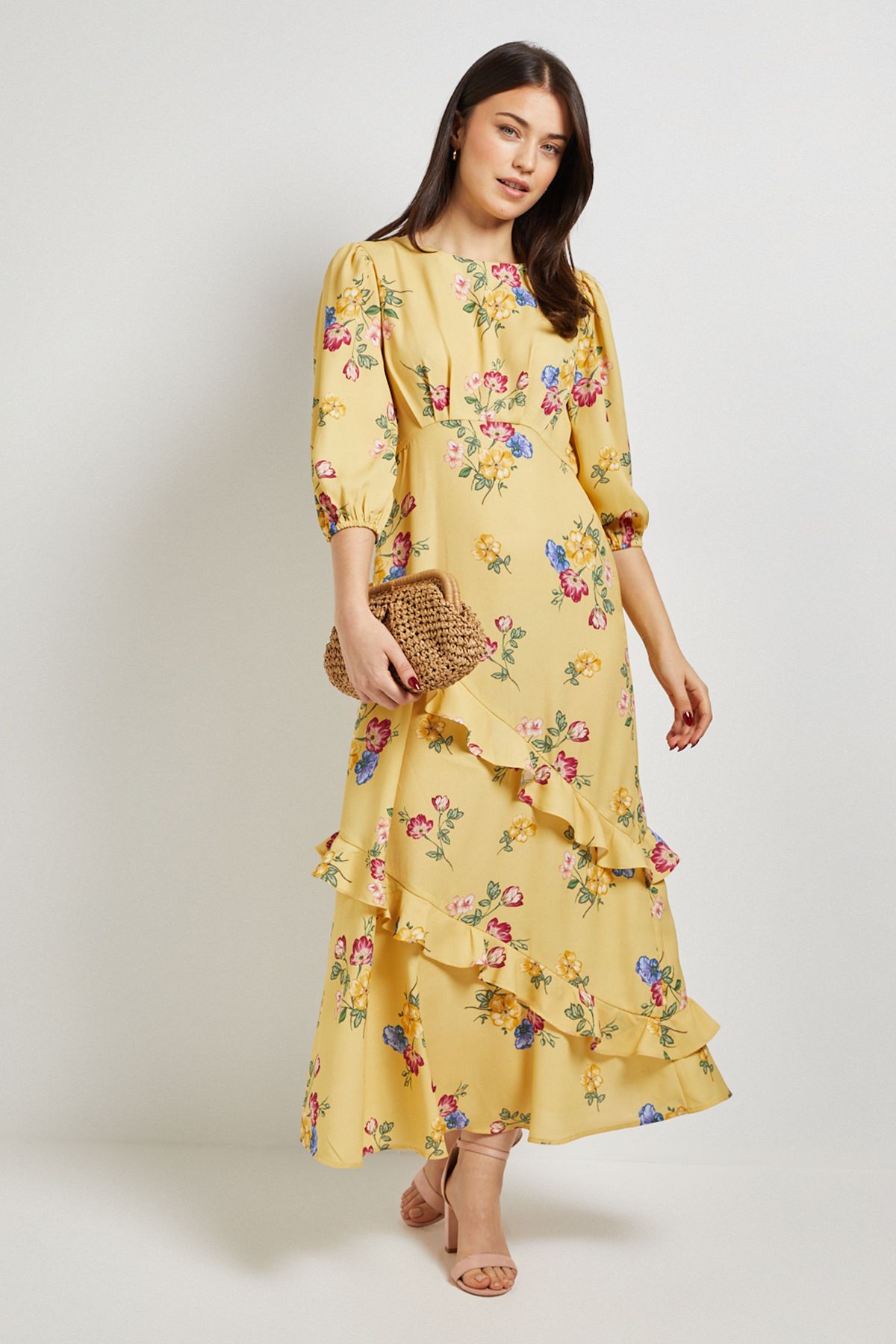 Dorothy Perkins Floral Volume Sleeve Ruffle Detail Maxi Dress Floral