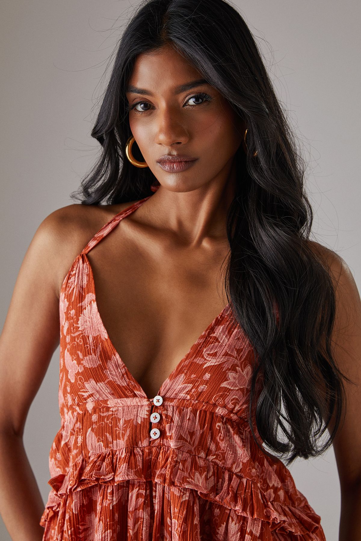 Warehouse Cheesecloth High Low Button Front Strappy Midi Sundress Floral image 2