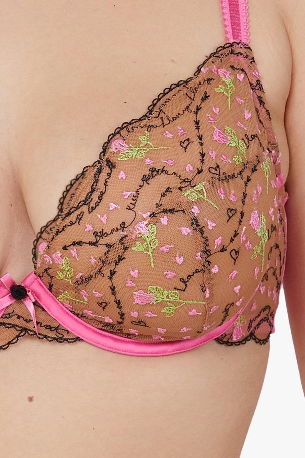 Playful Promises Spank Me Pink and Nude Custom Embroidery Plunge Bra image 4