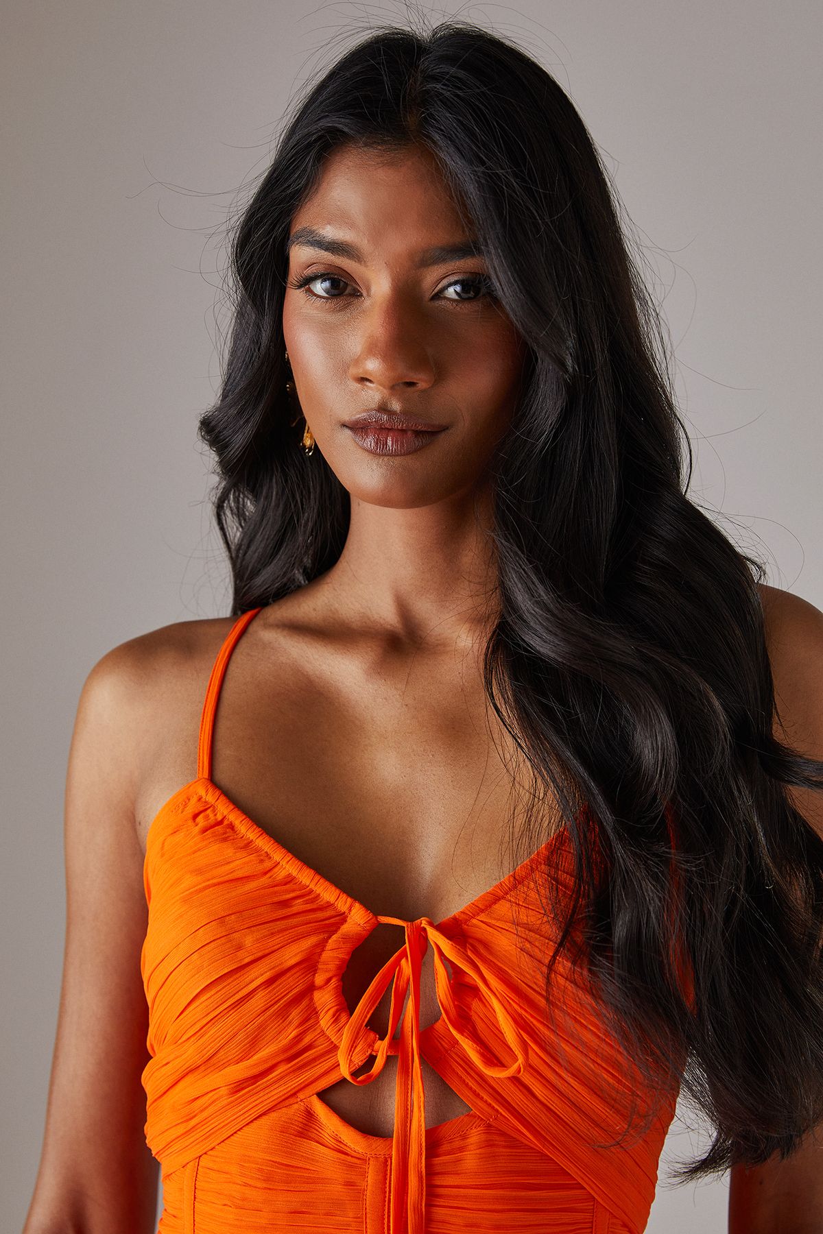 Warehouse Chiffon Gathered Channel Strappy Midi Dress Orange image 2