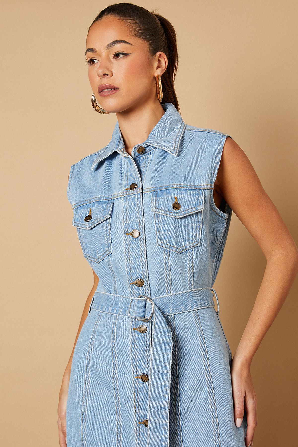 Oasis Belted Waist Pocket Detail Midi Dress Light Wash image 3